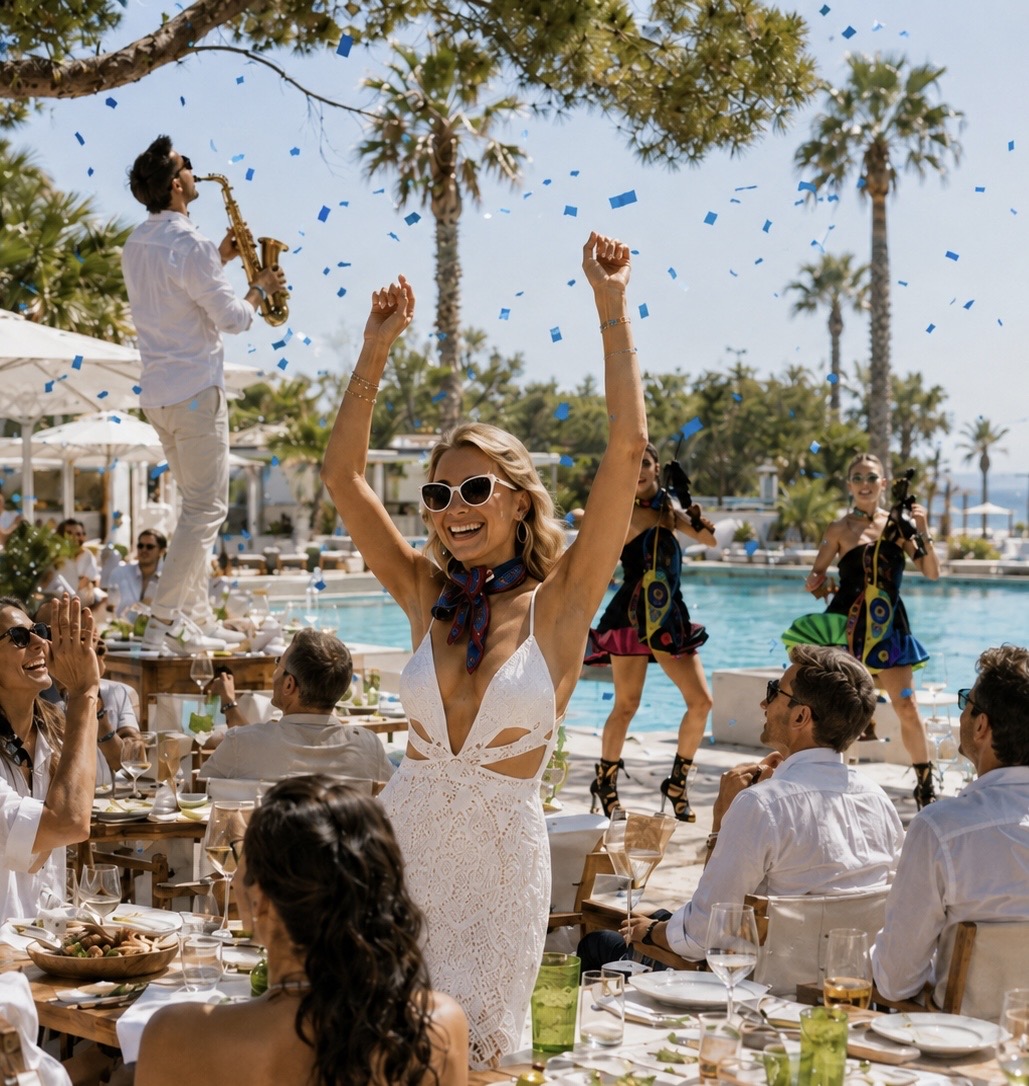 Sun-drenched Mediterranean beach club lunch terrace at golden hour