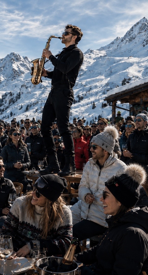 Snowy alpine après-ski terrace at dusk with a saxophonist