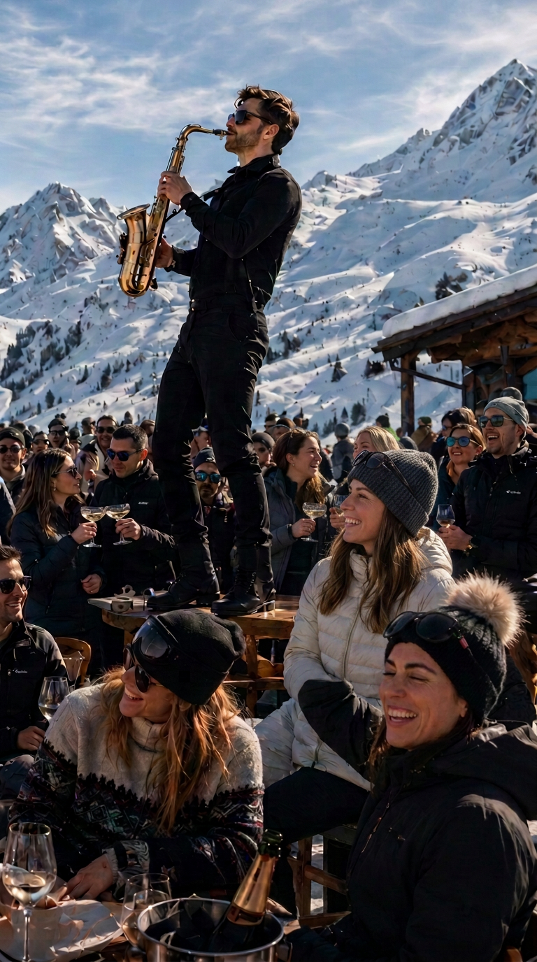 Snowy alpine après-ski terrace at dusk with a saxophonist